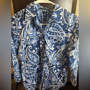 Ralph Lauren Women’s Blue and White Paisley Shirt Size Medium Cute!